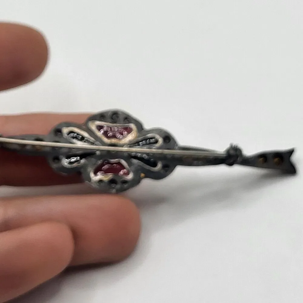 Victorian Style Bar Brooch Black Red White 3in